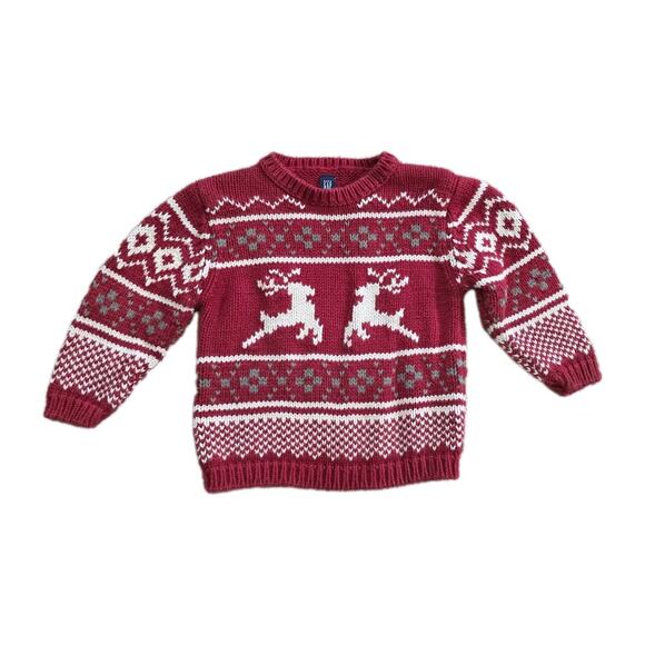 Vtg Y2K Baby Gap Fair Isle Sweater Toddler 2T Red Reindeer Holiday Knit Cotton - Picture 1 of 10